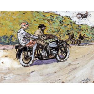 Pierre GATIER – Motocycliste et sa passagère sur la route – Gouache – Vers 1925