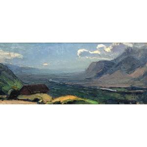 Pierre Calès - Isère Valley Towards Grenoble - Oil On Cardboard , 73 X 33 Cm
