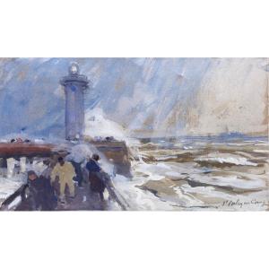 Eugène Louis Gillot - Storm On The Saint-valéry-en-caux Lighthouse - Gouache - Signed
