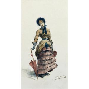 Élégante à l'ombrelle - Aquarelle - Vers 1880 - Signée