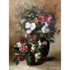 Lillie HONNORAT – Deux bouquets de roses et fleurs des champs - Huile sur toile – XIXe - Signée