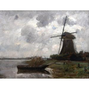 Alphonse STENGELIN – Moulin au bord d’un canal, Ciel d’orage – Huiles sur panneau - Signées