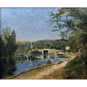 Pierre-eugène Clairin - River Banks At A Lock, With Figures - Oil On Canvas - Signed