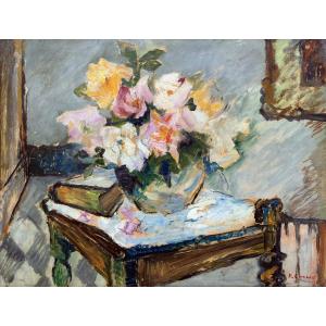 Pierre CORNU – Bouquet de roses dans l’atelier– Huile sur panneau – Signée