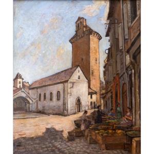Jour de marché devant la tour des Pénitents, Mende – Huile sur panneau – Vers 1960