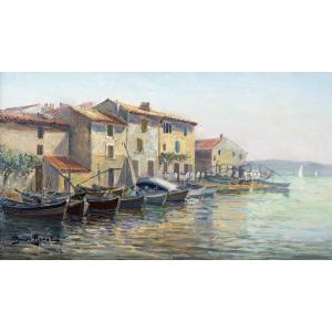 Henri BARET – Les Martigues, bateaux de pêche au mouillage– Huile sur panneau – Signée