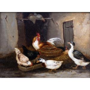Claude Guilleminet – Rooster, Hens, And Ducks – Oil On Panel – Signed