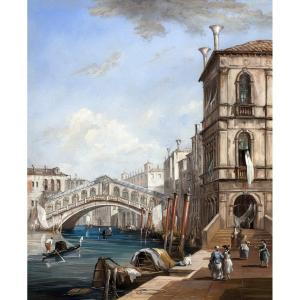 Ecole Vénitienne – Le Pont du Rialto à Venise – Gouache - XIXe - Monogrammée