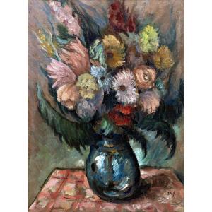 Marcel DYF – Bouquet de fleurs dans un vase bleu – 66,5 cm x 49 cm - Signé
