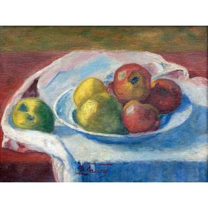 Nature morte aux fruits sur nappe - Huile sur toile - Signée Le Sauzet