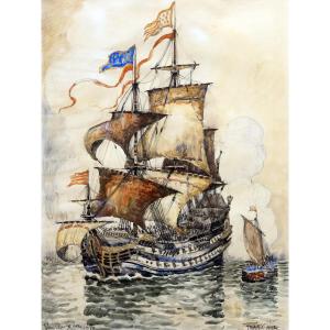 Frank Will - Ships, Circa 1670 - Gouache - Signed