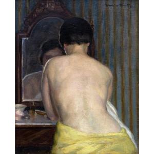 Art Déco - Madeleine PLANTEY – Femme à sa toilette, de dos – Huile sur bois – Signée