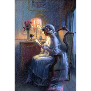 Delphin ENJOLRAS – Liseuse à la lampe – Pastel sur carton