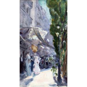 Charles HERMANS – Rue animée à Nice – Aquarelle – Début XXe