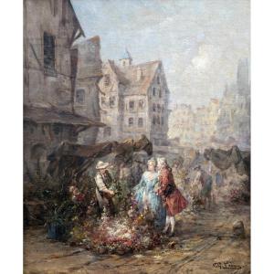 In The Style Of Chabrier – Flower Market In A Norman Town – Oil On Canvas – Signed