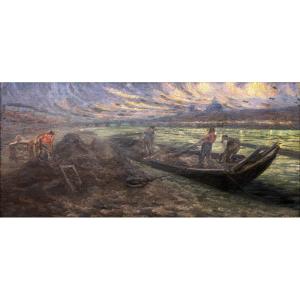 A. Godien - Loading Sand On The Rhône River Quays At Dusk - Signed