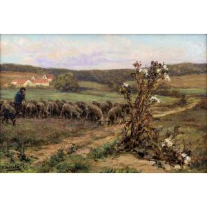 Théophile-Louis DEYROLLE – Berger et troupeau au crépuscule – Huile sur toile – Signée
