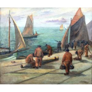 Louis CHAZAL – Marins sur le quai à Concarneau, vers 1930 – Huile sur toile – Signée