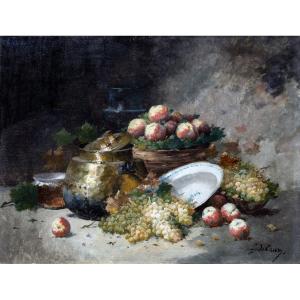 Emile Godchaux – Still Life With Grapes And Peaches – Oil On Canvas, 116 X 89 Cm – Signed