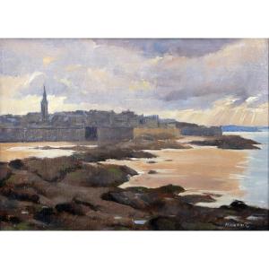 Maxime VOYET – Saint Malo, la ville close à marée basse– Huile sur carton – Signée