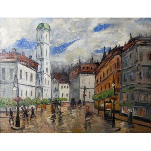 Raymon PÉRISSE – Place animée d’une ville de Lorraine, vers 1935 – Huile sur panneau – Signée