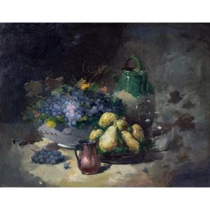 Emile Godchaux – Still Life With Grapes And Pears – Oil On Canvas, 92 X 73 Cm – Signed