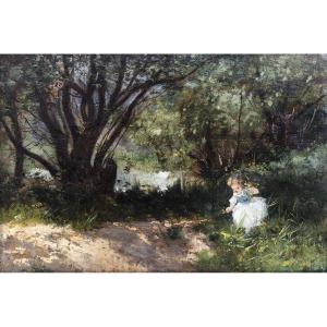 Late 19th-century French School, *gathering By The Water’s Edge* – Oil On Panel