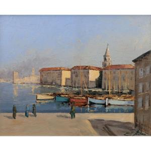 Emmanuel Mateo – Marseille, Harbor Quay – Oil On Panel – Signed