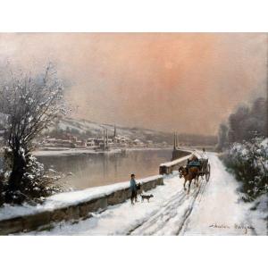 Théodore LÉVIGNE – Bord de Saône sous la neige, avec personnages  – Huile sur toile – Signée