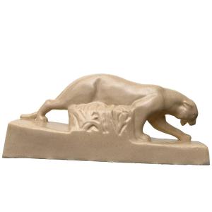 G. NININ – Panthère en marche – Céramique mouchetée Art déco – Vers 1930 - Signée