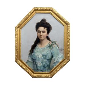 Théodore LÉVIGNE – Portrait de jeune femme en robe bleue – Huile sur toile – Signée datée 1904
