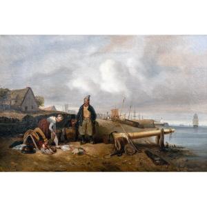 Famille de pêcheurs à l’entrée d’un port – Huile sur toile – Signée – vers 1850