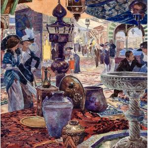 Oriental Market At The World's Fair In Ghent (belgium), 1913 – Dated Watercolor