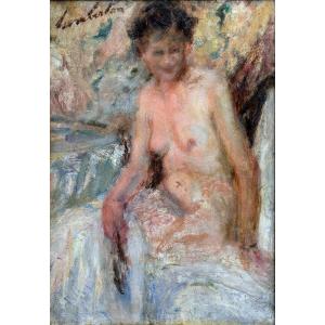 Joseph LAMBERTON – Jeune femme nue assise sur un drap blanc  – Huile sur panneau – Signée