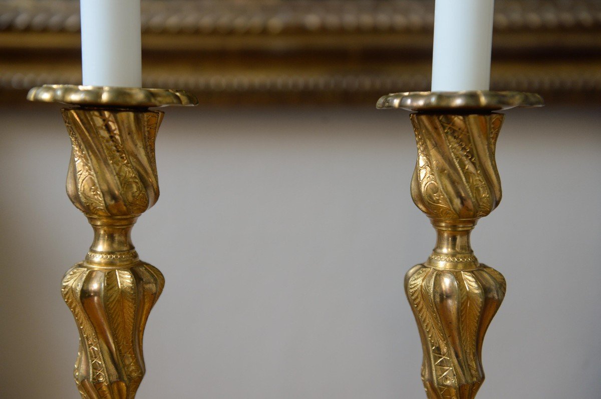Pair Of Candlesticks In Gilt Bronze, Louis XV Period-photo-2