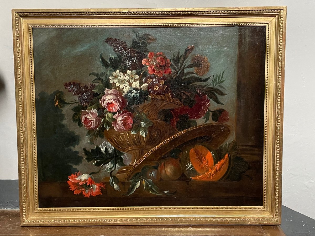 Large Still Life Of Flowers And Fruits From The 18th Century 