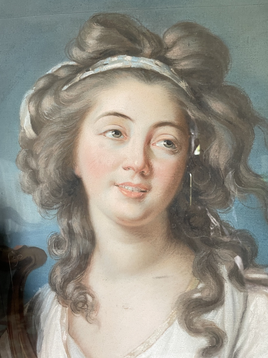 Large Pastel Of A Young Girl With A Lyre Signed By Laurent Grimod De La Reynière (1734-1793)-photo-1