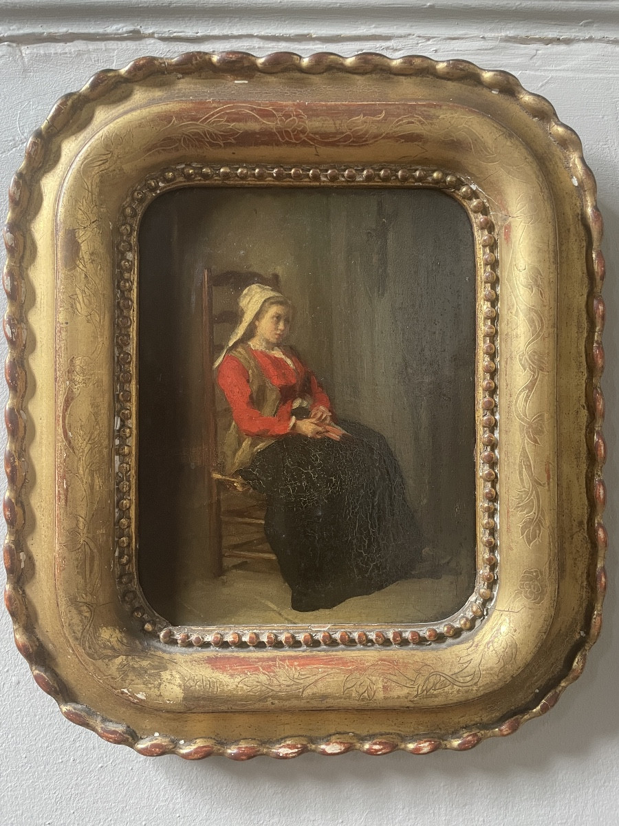 Huile sur panneau de bois 19ème siècle « Jeune femme  en méditation »