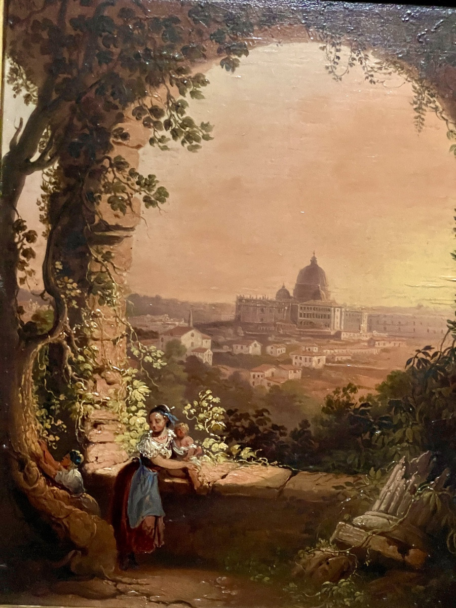 Vue de Saint Pierre de Rome, Huile sur panneau d’époque Restauration -photo-2