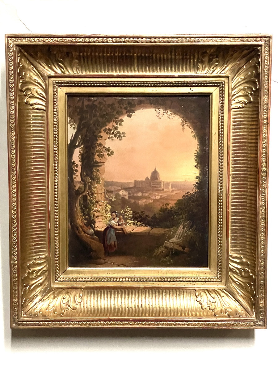 Vue de Saint Pierre de Rome, Huile sur panneau d’époque Restauration 