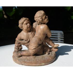 Terracotta Of 2 Bickering Putti From The 18th Century