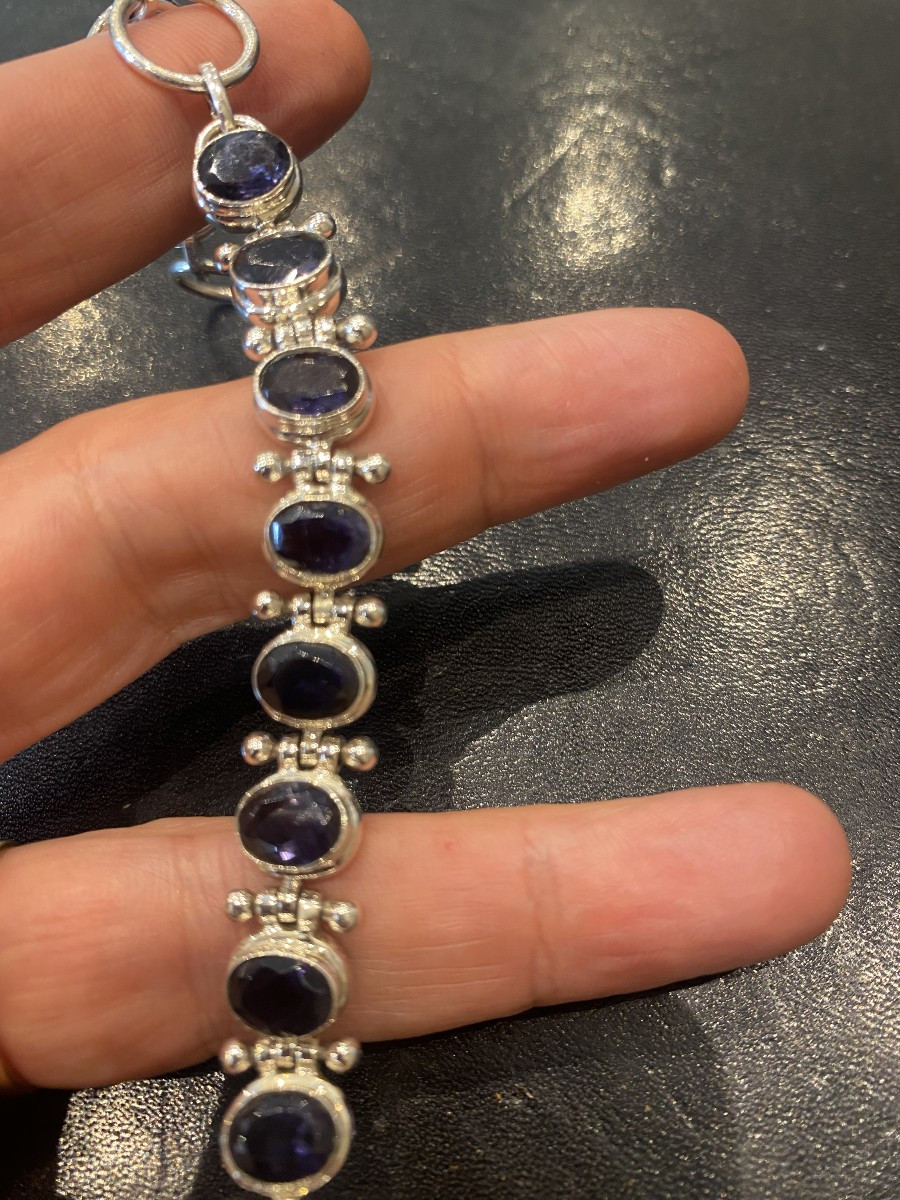 Bracelet In Solid Silver And Fine Iolite Stone 22.50grs