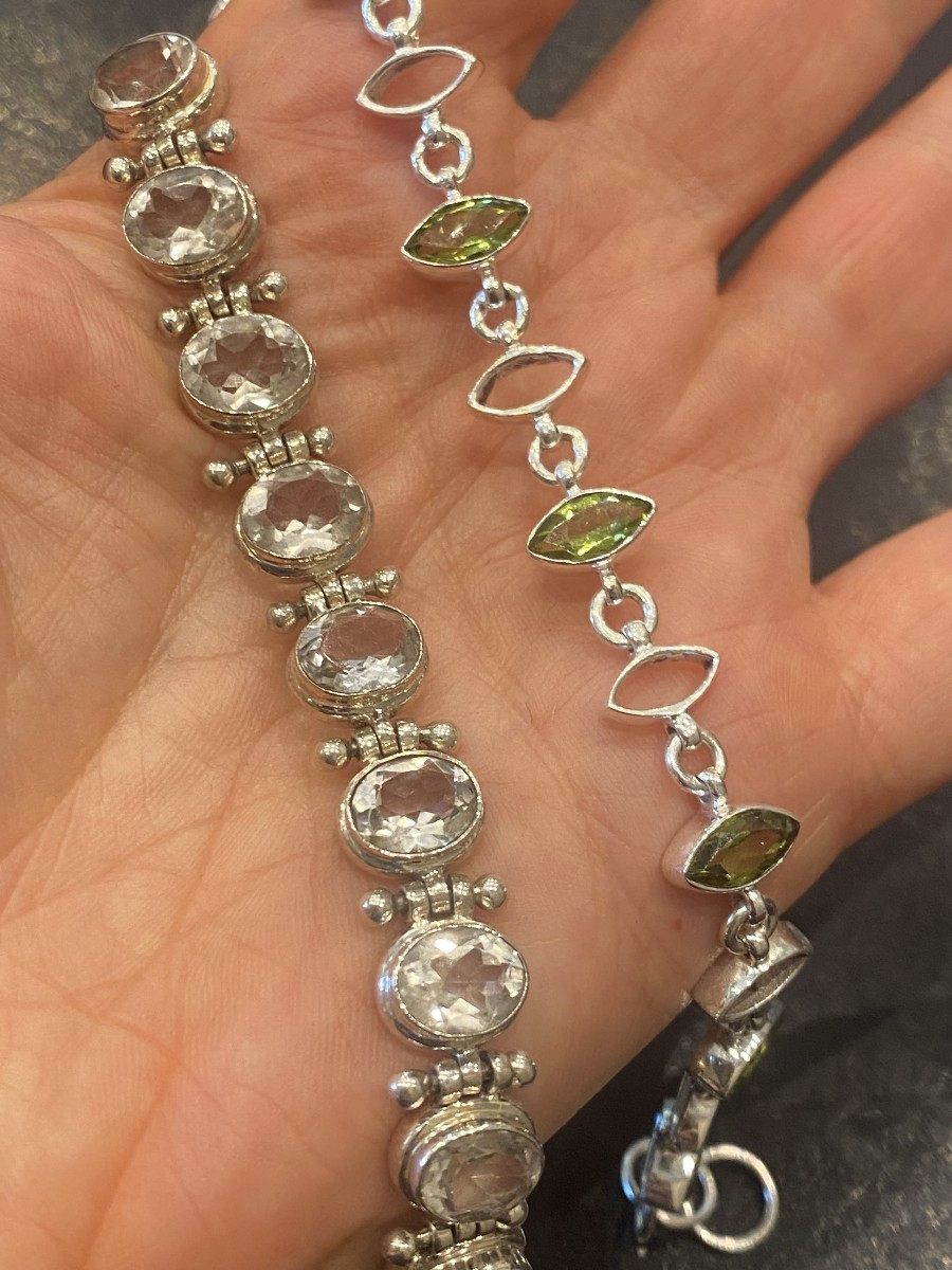 2 Bracelets In Solid Silver 37.41 Grs And Fine Stone Peridot And Quartz 