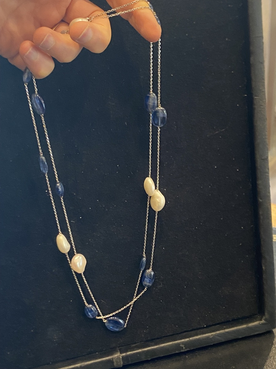 Signed Técla Long Sautoir Necklace In Pearls And Sapphires, Gold, 119 Cm-photo-1