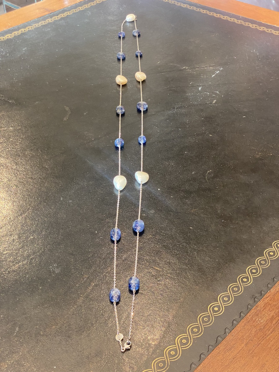 Signed Técla Long Sautoir Necklace In Pearls And Sapphires, Gold, 119 Cm-photo-3