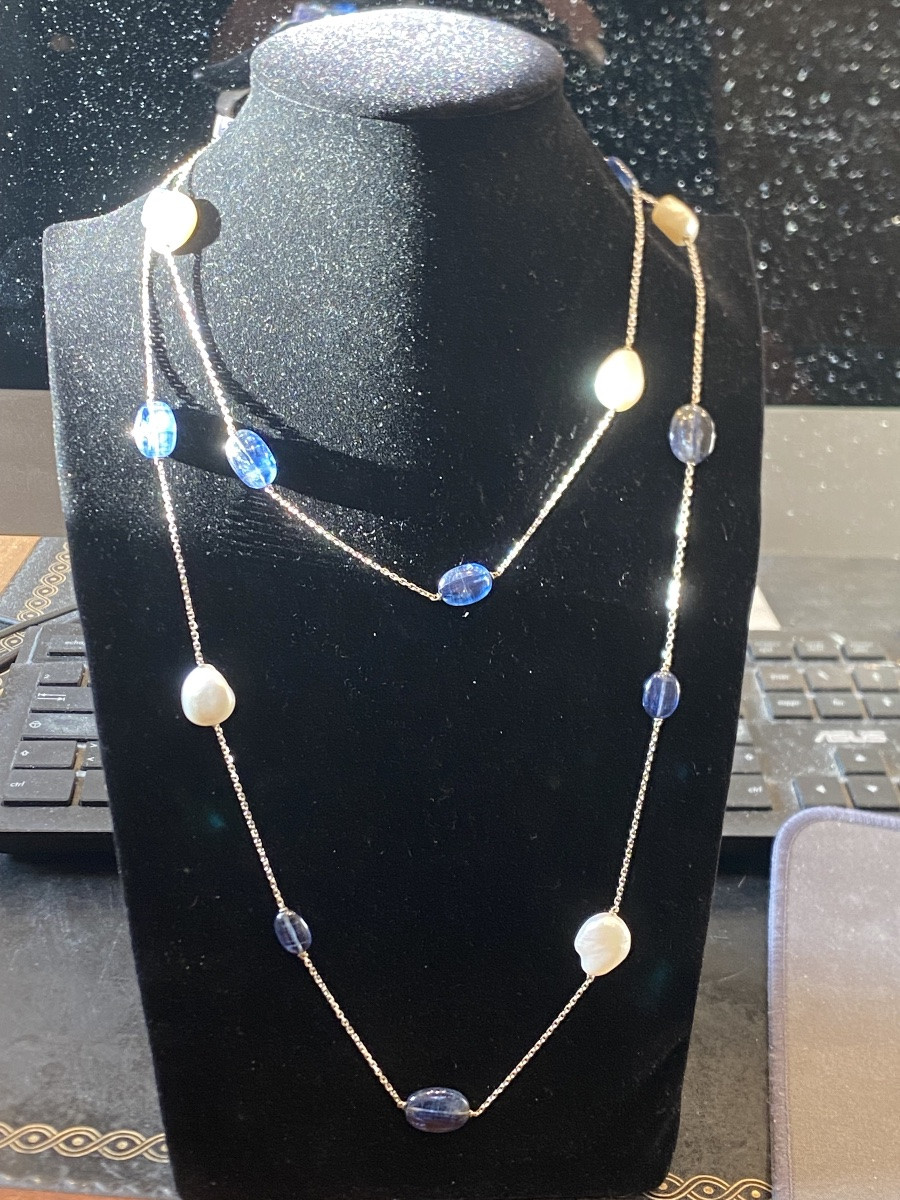 Signed Técla Long Sautoir Necklace In Pearls And Sapphires, Gold, 119 Cm-photo-7