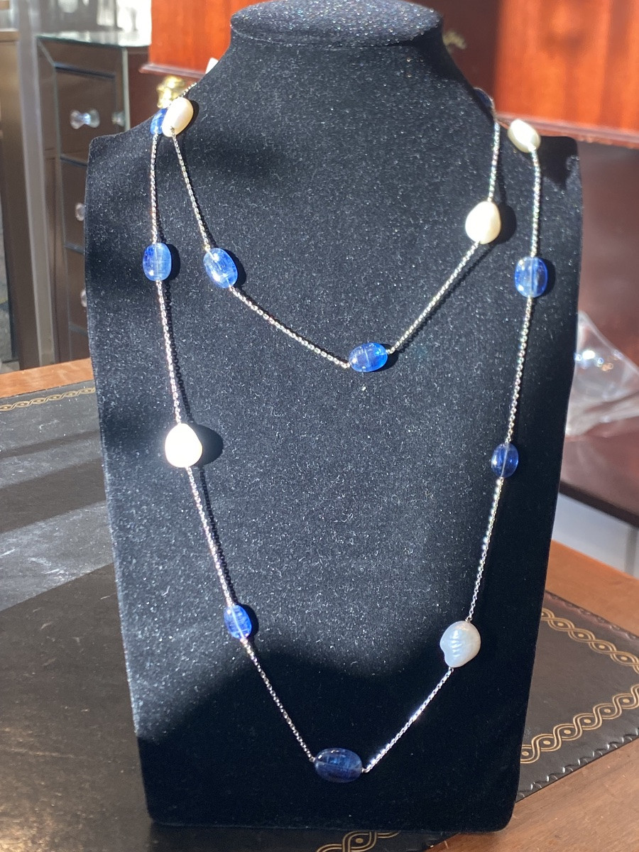 Signed Técla Long Sautoir Necklace In Pearls And Sapphires, Gold, 119 Cm-photo-8