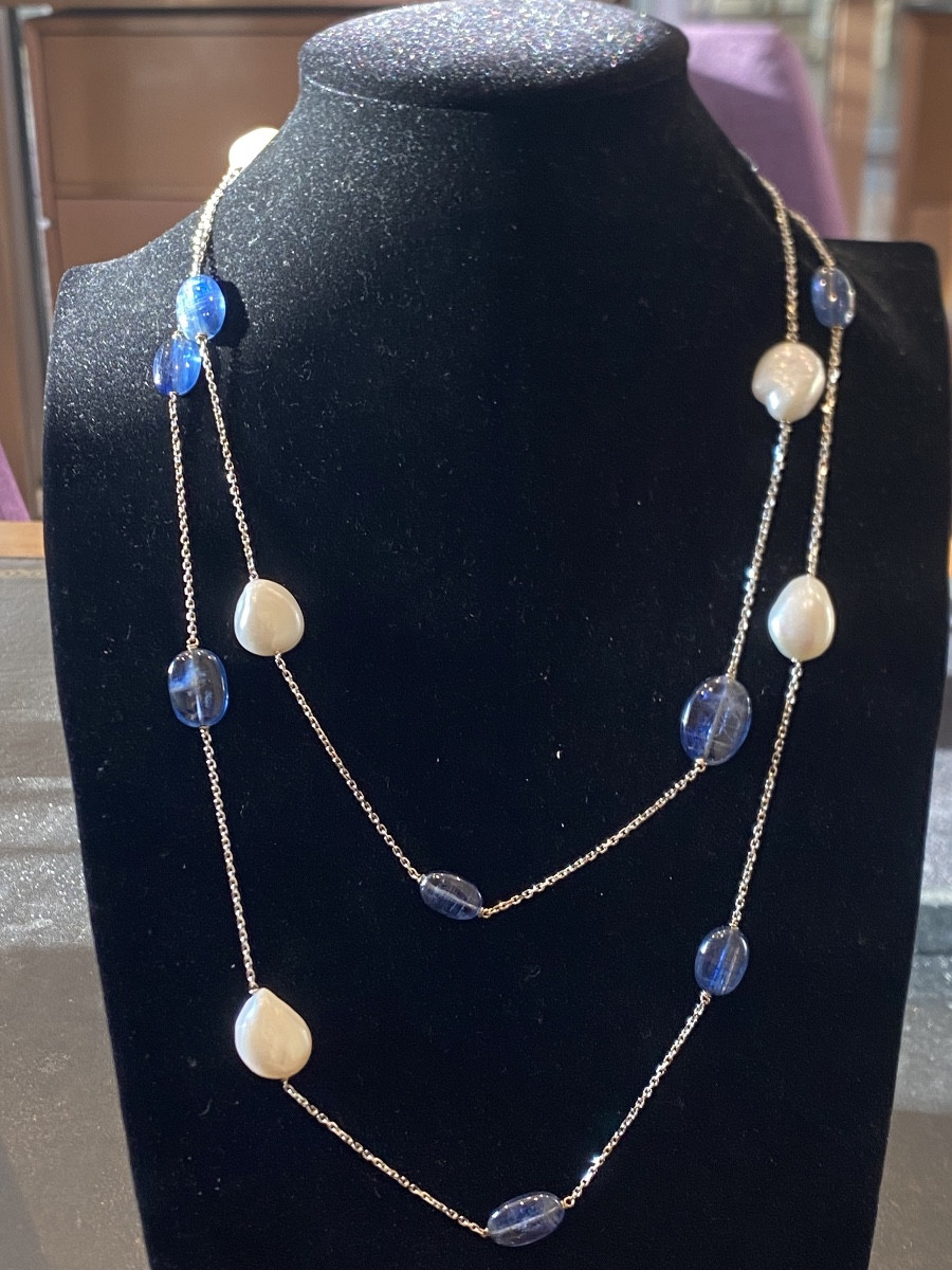 Signed Técla Long Sautoir Necklace In Pearls And Sapphires, Gold, 119 Cm