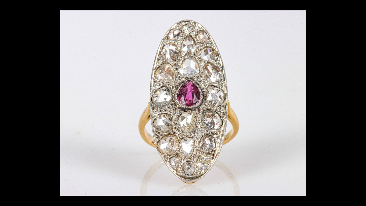 Bague marquise en or 750 de deux tons Rubis Diamants 2,30 carats-photo-1