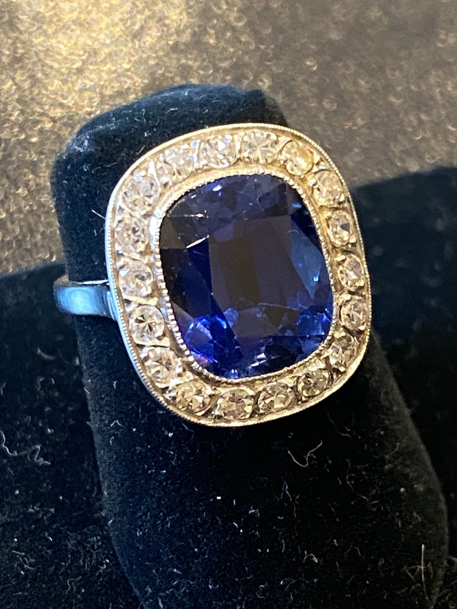 Antique 18k Gold And Platinum Ring With Verneuil Sapphire And Diamonds-photo-1